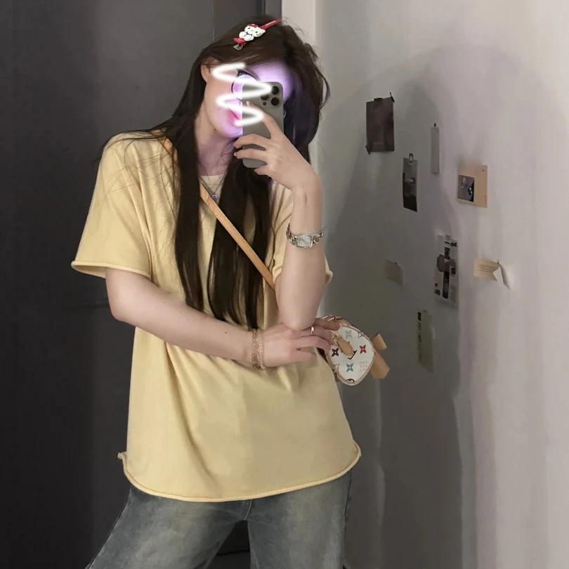 1141-韩系chic卷边宽松减龄上衣女2025春夏季新款短袖T恤纯色棉