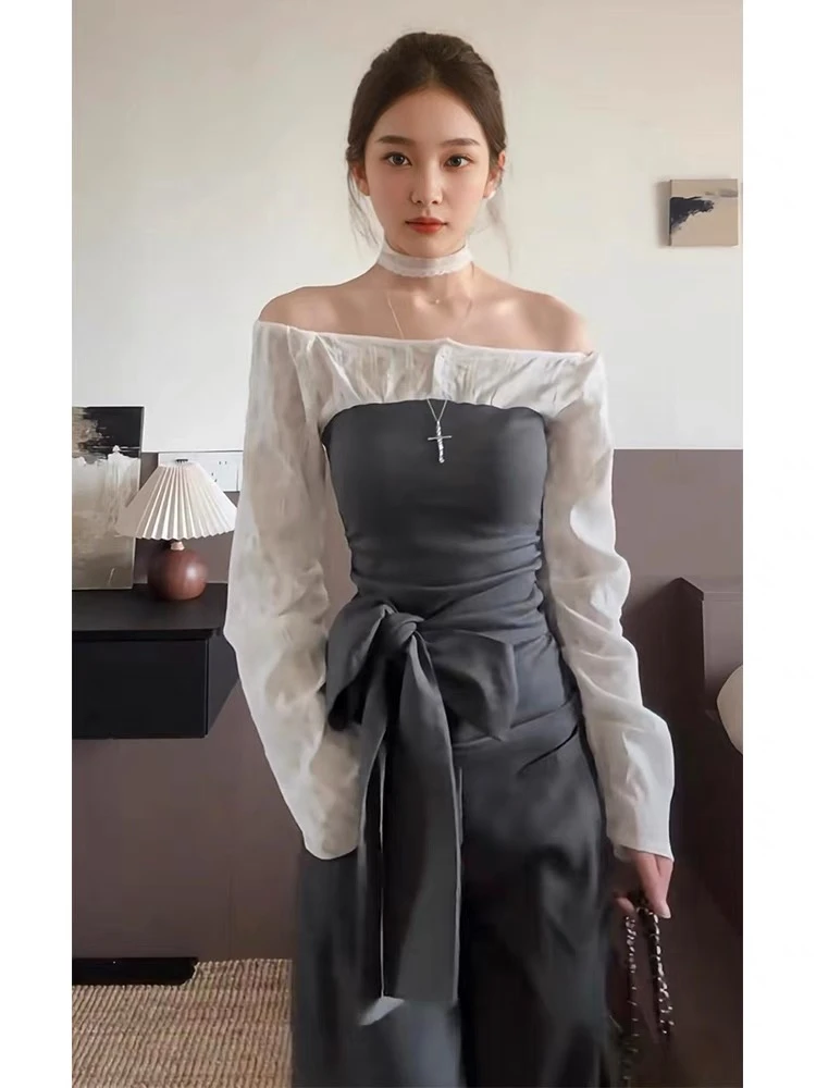 小众设计感一字肩上衣女开春新款韩系穿搭假两件衬衫西裤两件套装