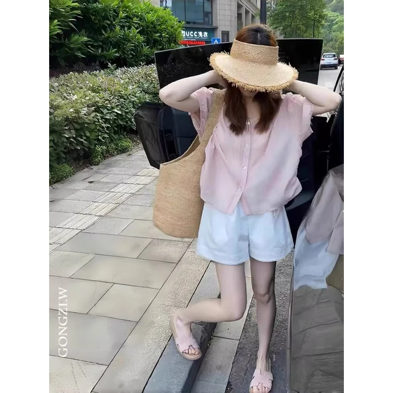 夏日漂亮小套装设计感时尚抽绳衬衫女气质显瘦花边休闲短裤两件套