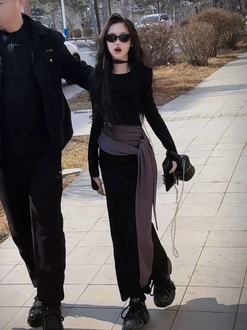 女童套装长袖修身T恤女装春季高腰绑带半身裙开叉裙子两件套