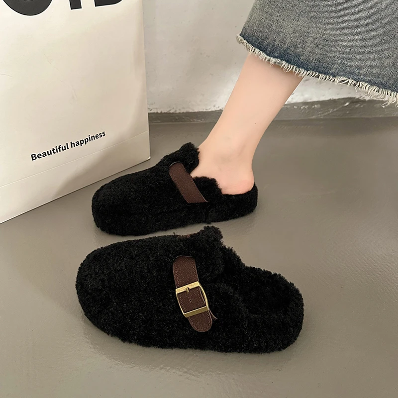 毛毛鞋女冬季加绒懒人包头半拖鞋外穿2024新款秋冬棉拖厚底勃肯鞋
