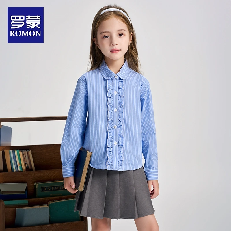 罗蒙女童衬衫2025春秋儿童韩版甜美花边印花翻领衬衣套装女孩外套