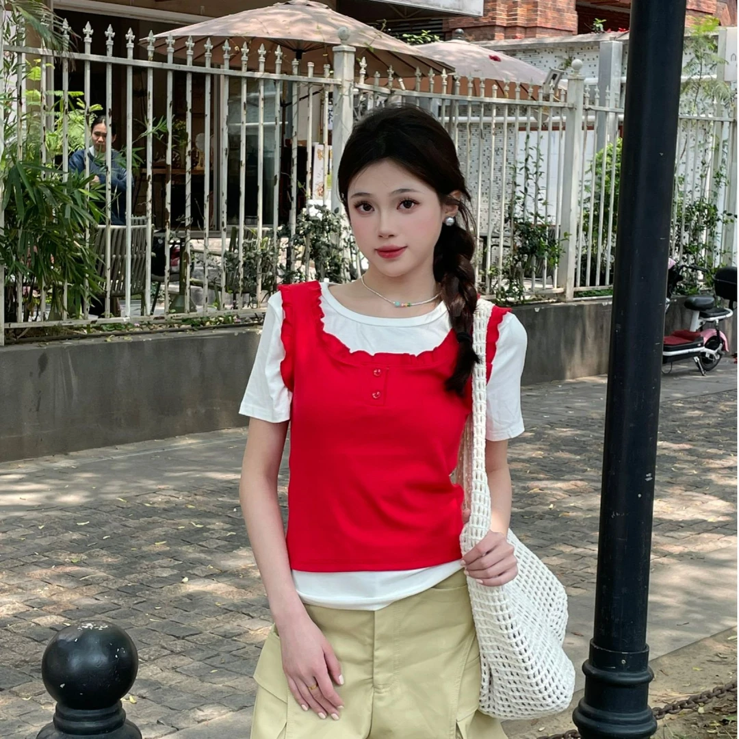 YUNING【玩转色彩】夏季韩版气质撞色时髦纯欲舒适T真两件套套装