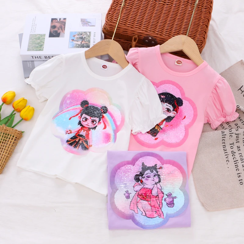 女童哪吒变色亮片短袖夏季新款小女孩泡泡袖亮片纯棉半袖上衣