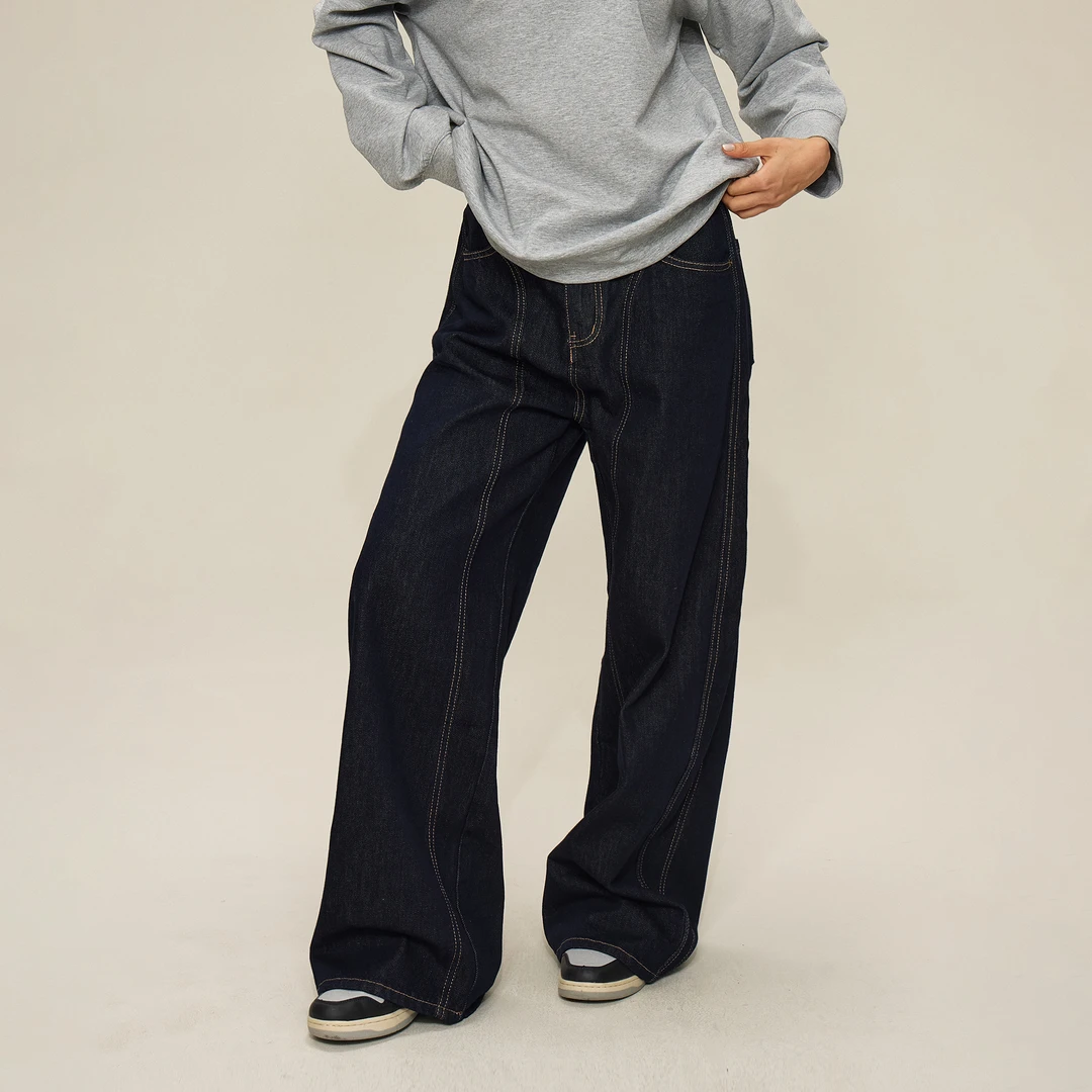 SMILE DDD丹宁黑弯刀牛仔裤水洗重磅 美式街头宽松潮流阔腿牛仔裤