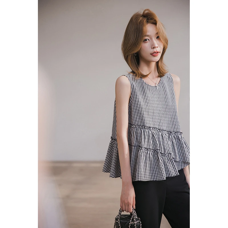 小谷粒【 塞纳假日上衣】初夏新品 上衣格纹荷叶边高级减龄背心短袖