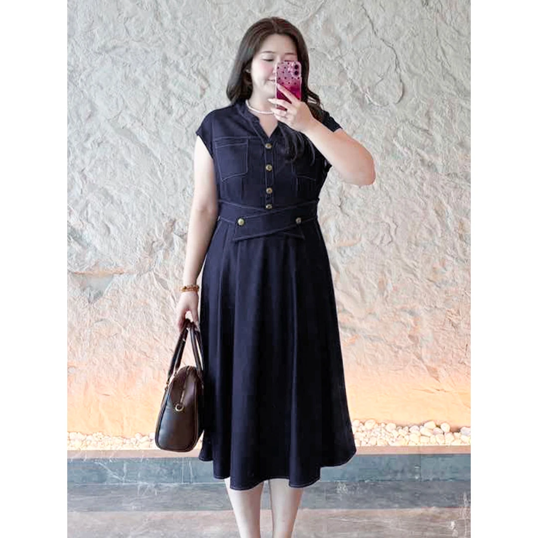 【仿牛仔长款连衣裙】MsShe大码女装秋季通勤V领显瘦裙子B2504003