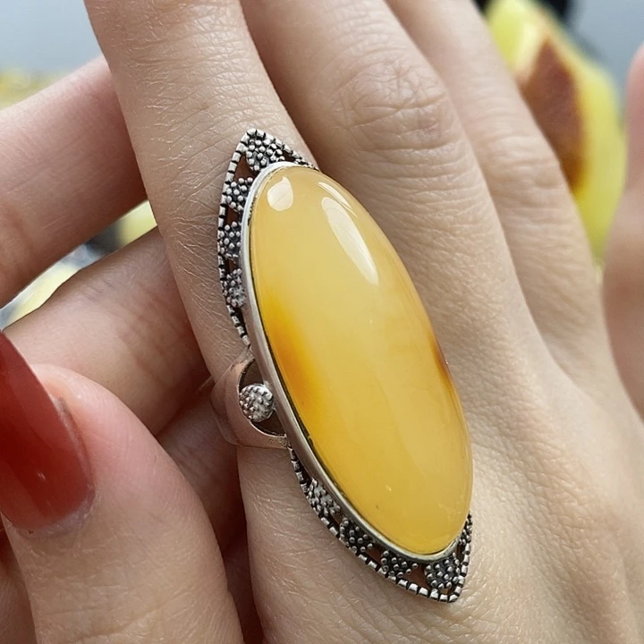 琥珀戒指银S925镶嵌戒指