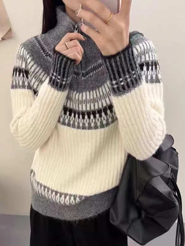 【费尔岛-半拉链-灰】提花半拉链高领衫女2025秋冬款宽松针织毛衣