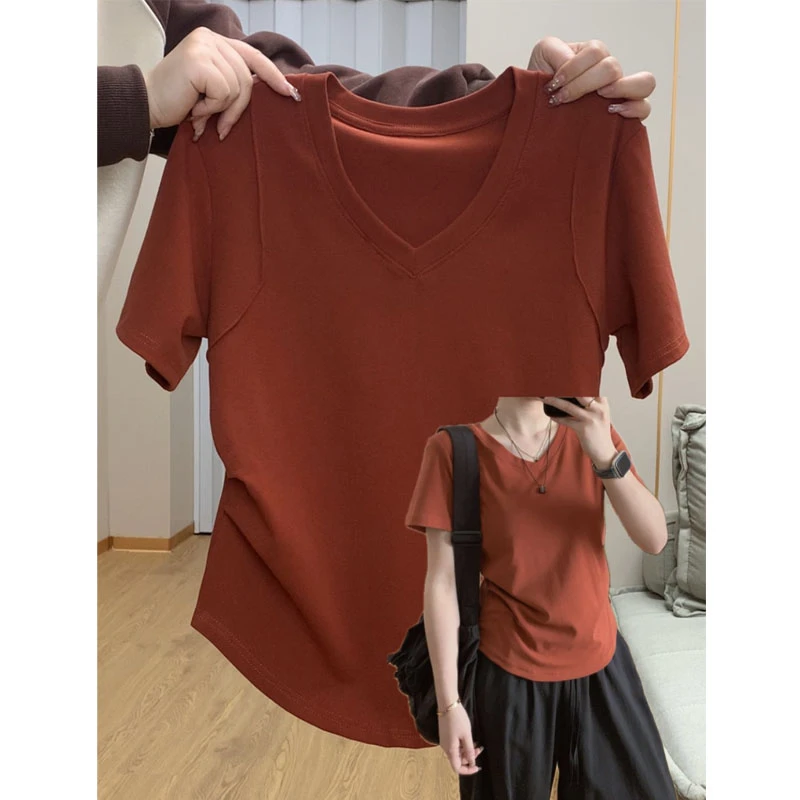 特大码200斤韩系独特V领辣妹正肩短袖t恤女夏季新款掐腰显瘦上衣
