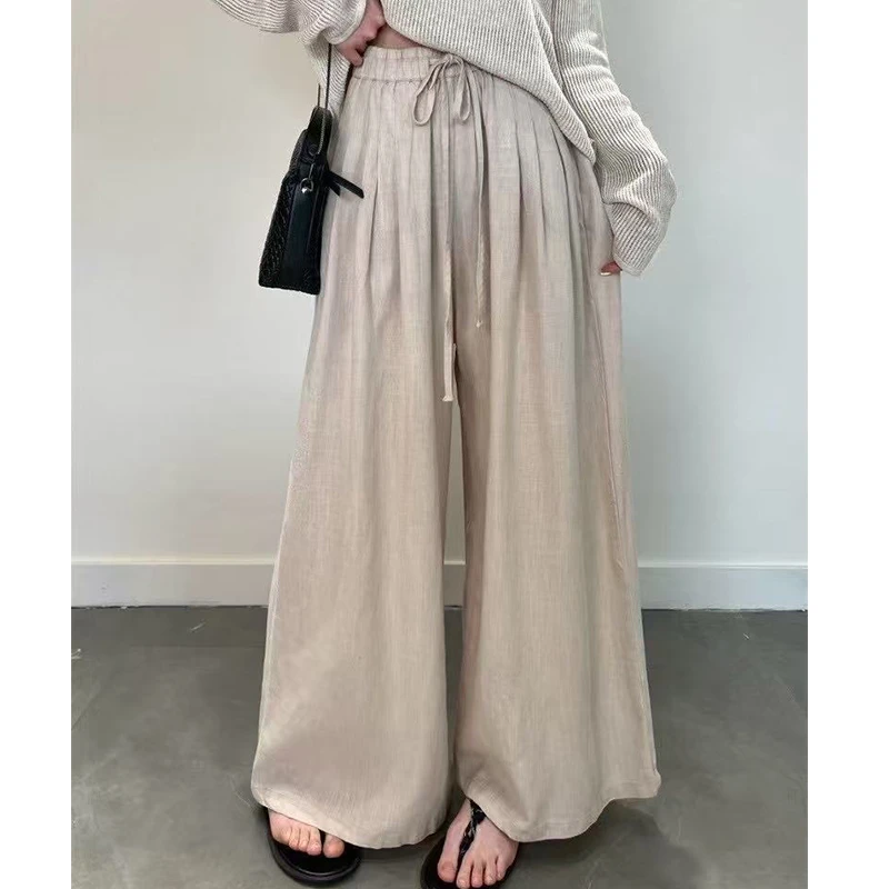 （简约气质阔腿麻裤）2523春夏季时尚松紧腰系带捏褶百搭休闲裤H