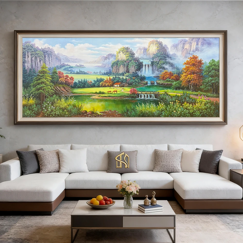 纯手绘山水风景油画作品客厅沙发背景墙装饰挂画公司茶室壁画