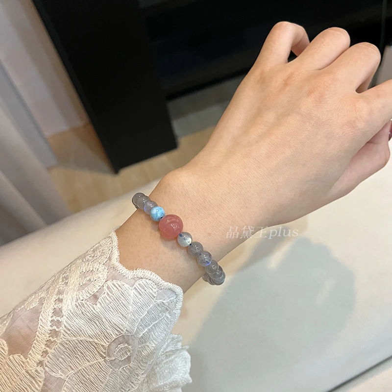 【海底月】7m灰月光+玛瑙顶珠手串原创设计天然水晶Z144