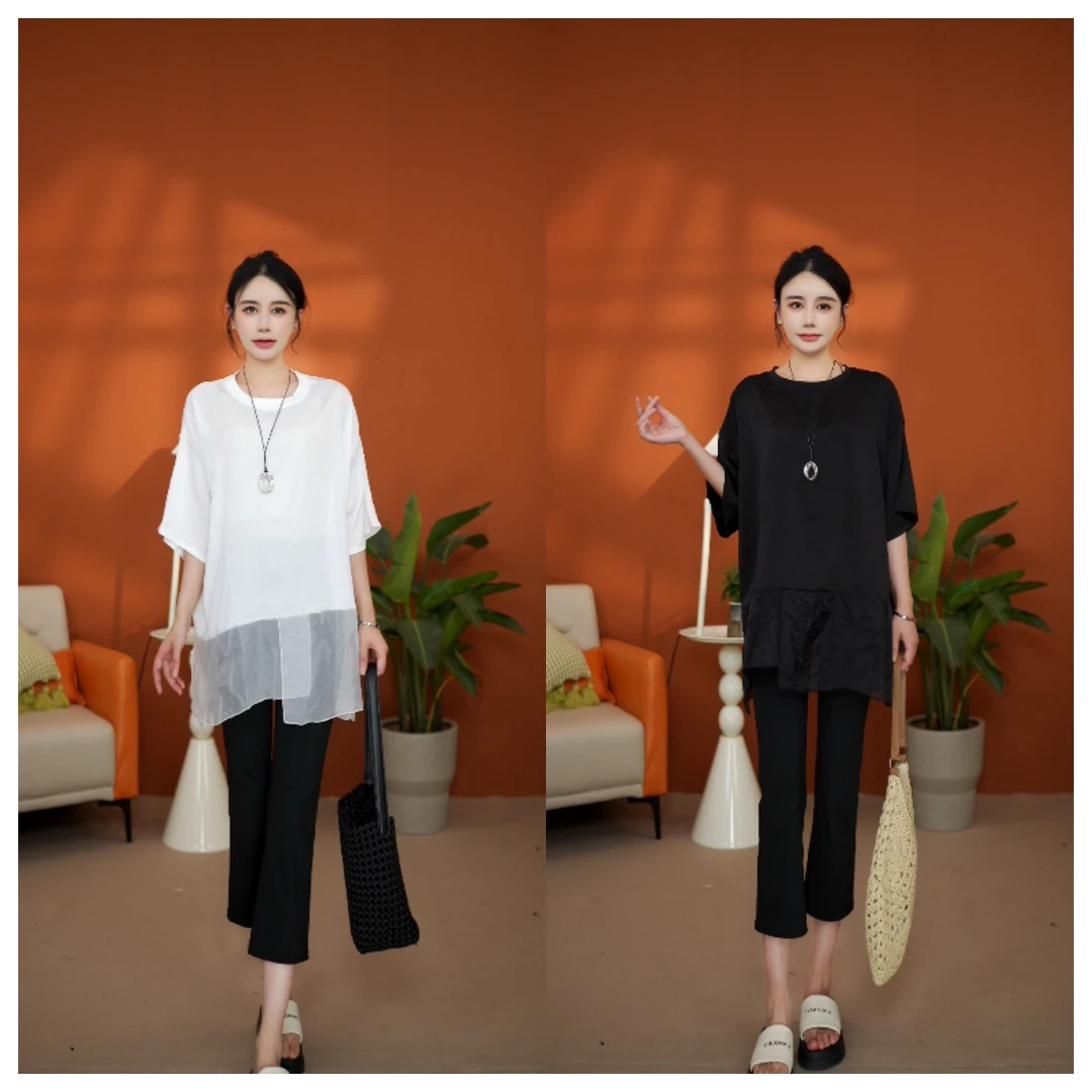 2025夏季新款欧美风时尚纯色网纱款短袖上衣显瘦减龄气质百搭