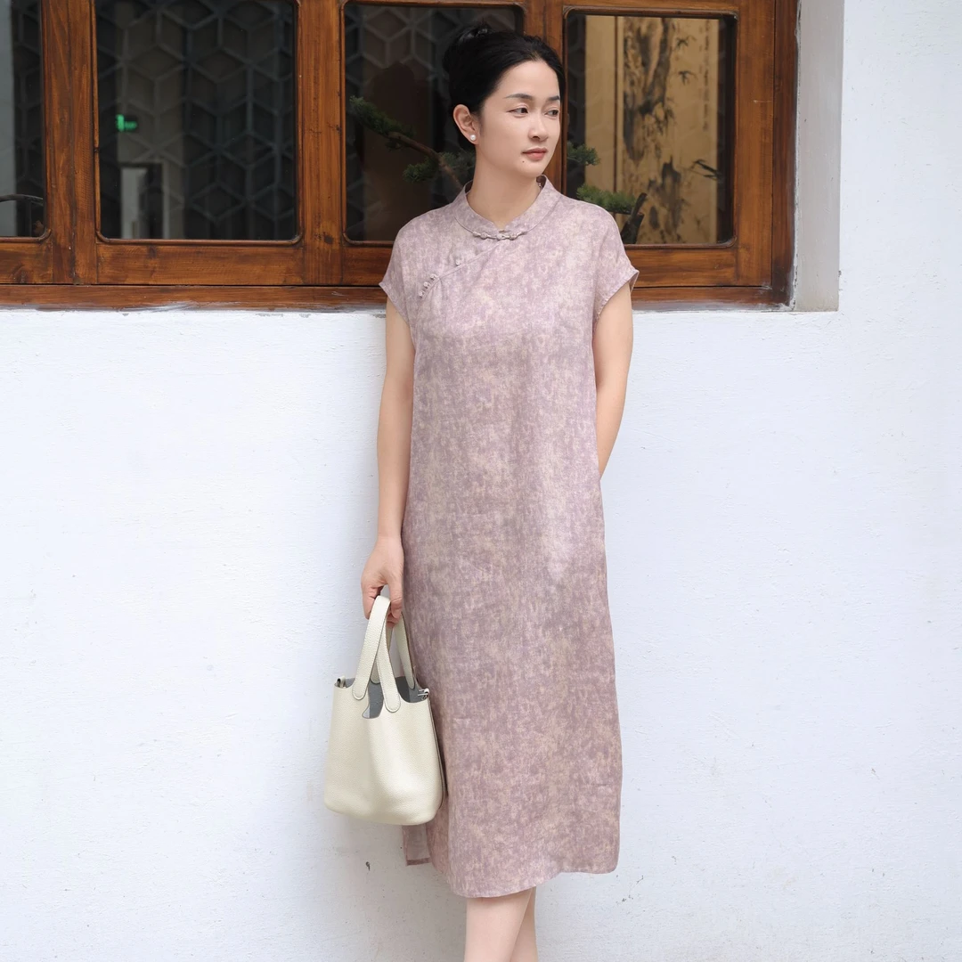麻享【粉红佳人·醉芙蓉·连衣裙】60支纯汉麻印花国风长裙FSY50718