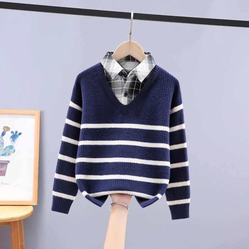 男童条纹针织线衫假两件新款春秋装儿童毛衣男孩中大童衬衫领衣服