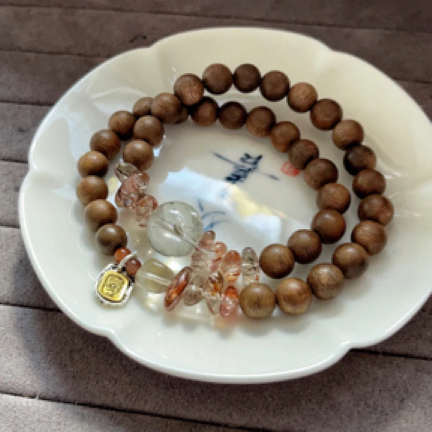 【新粉放漏】天然黑金超七发晶加沉沉双圈手串