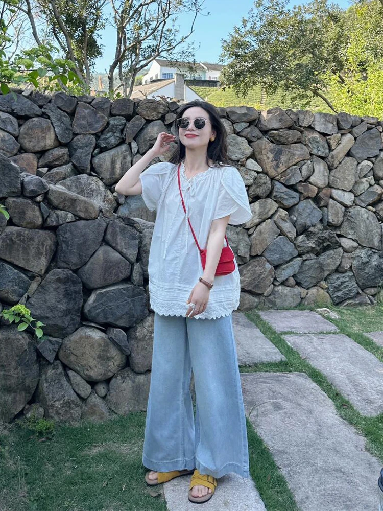 2025夏季新款法式甜美风宽松镂空蕾丝花边衬衣上衣百搭牛仔裤套装