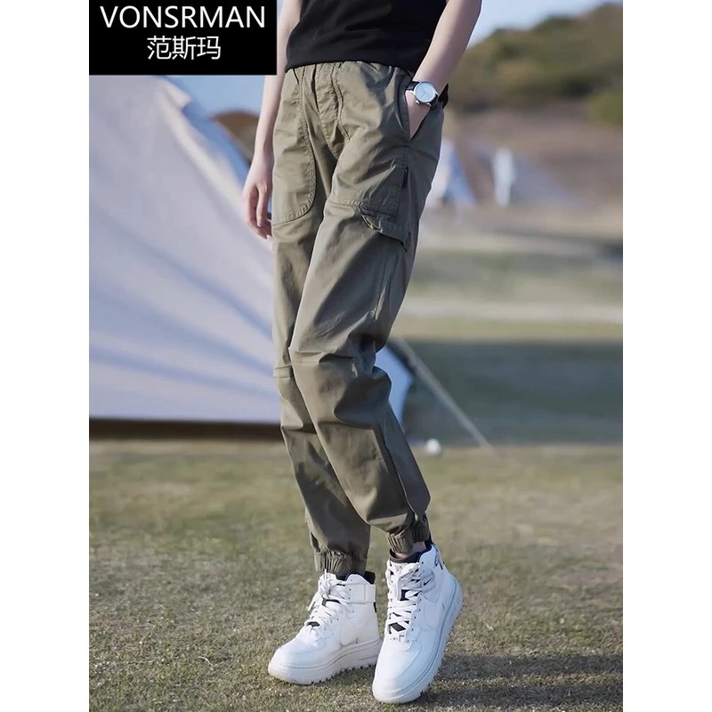 军绿色工装裤2025夏季新款休闲宽松显瘦美式运动裤高腰束脚哈伦裤