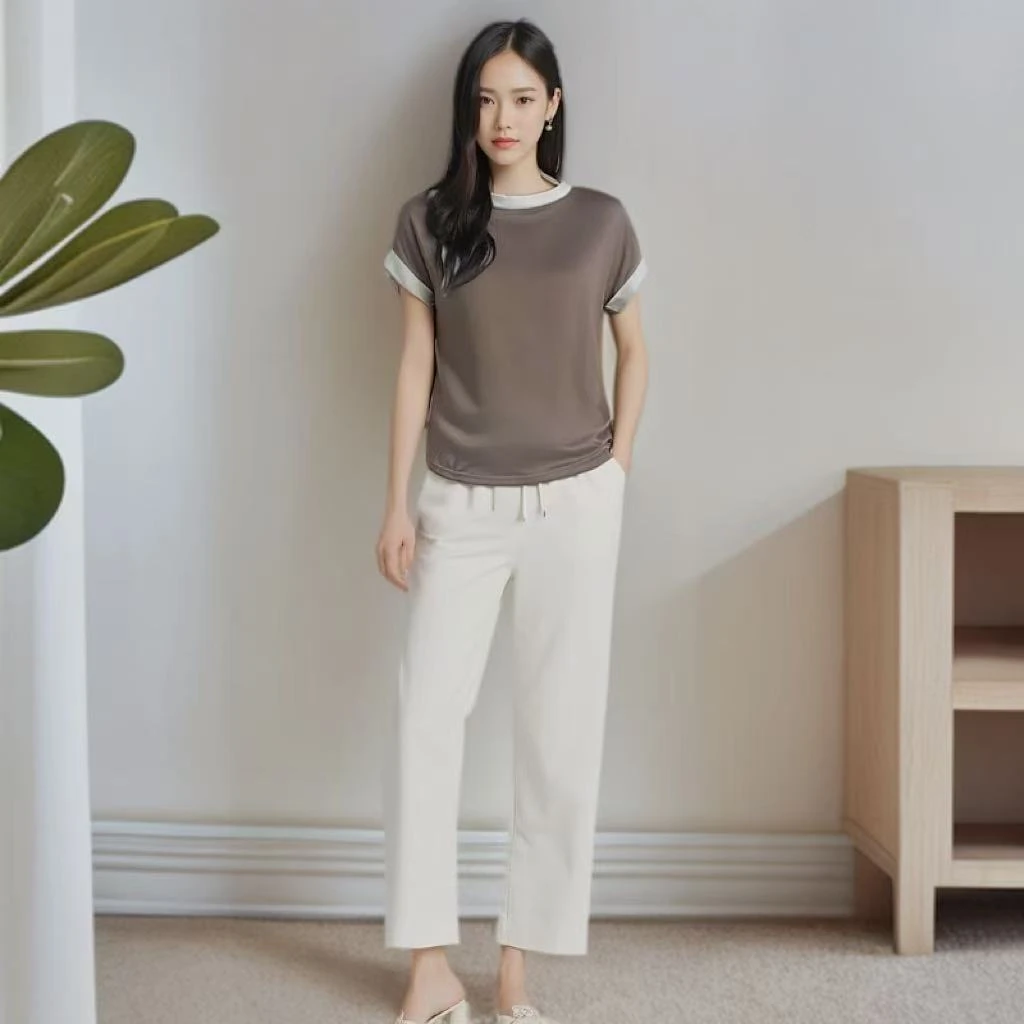 8254-（领口袖口拼色）（卡其）莫代尔短袖