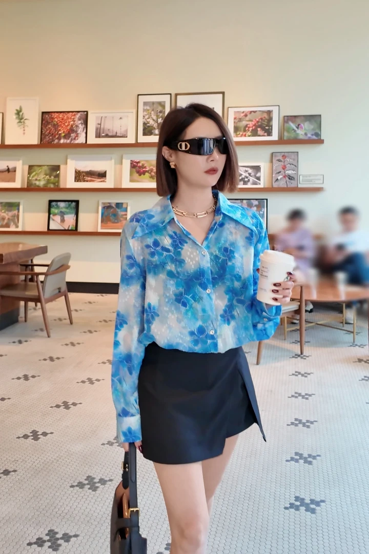 蓝色花朵衬衫2025春夏复古印花港风长袖时尚中长款防晒衣休闲女装