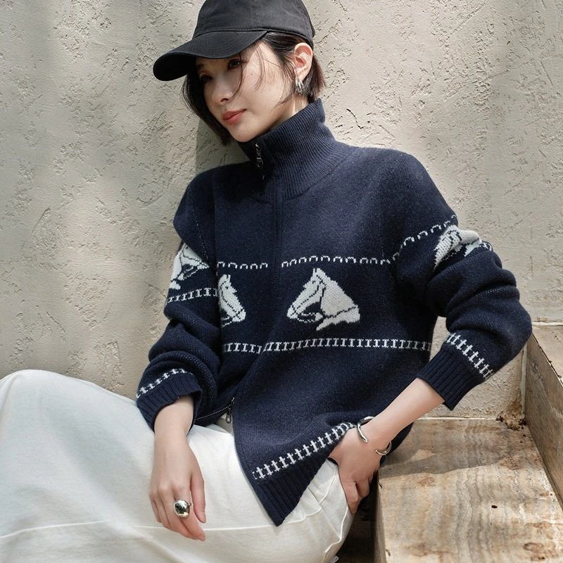 拉链图案女士山羊绒复古提花针织新款秋冬开衫大马纯外套%宽松10