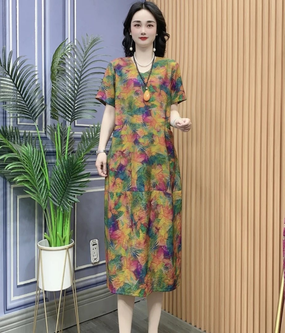 2025夏季短袖连衣裙宽松长裙印花妈妈装气质百搭妈妈裙连衣裙65-2