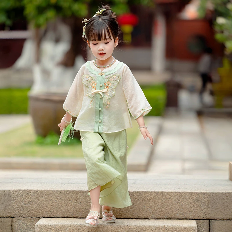 古月家.花茶 汉服女童春秋款儿童新中式裤子套装小女孩中国风唐装