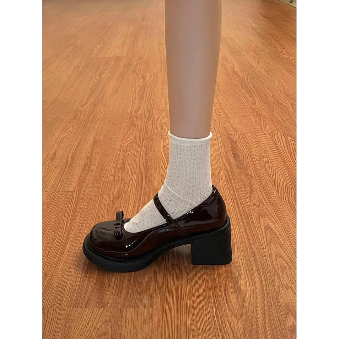 FAVMARTHA棕色jk英伦风小皮鞋法式高跟黑色鞋子玛丽珍鞋女洛莉塔