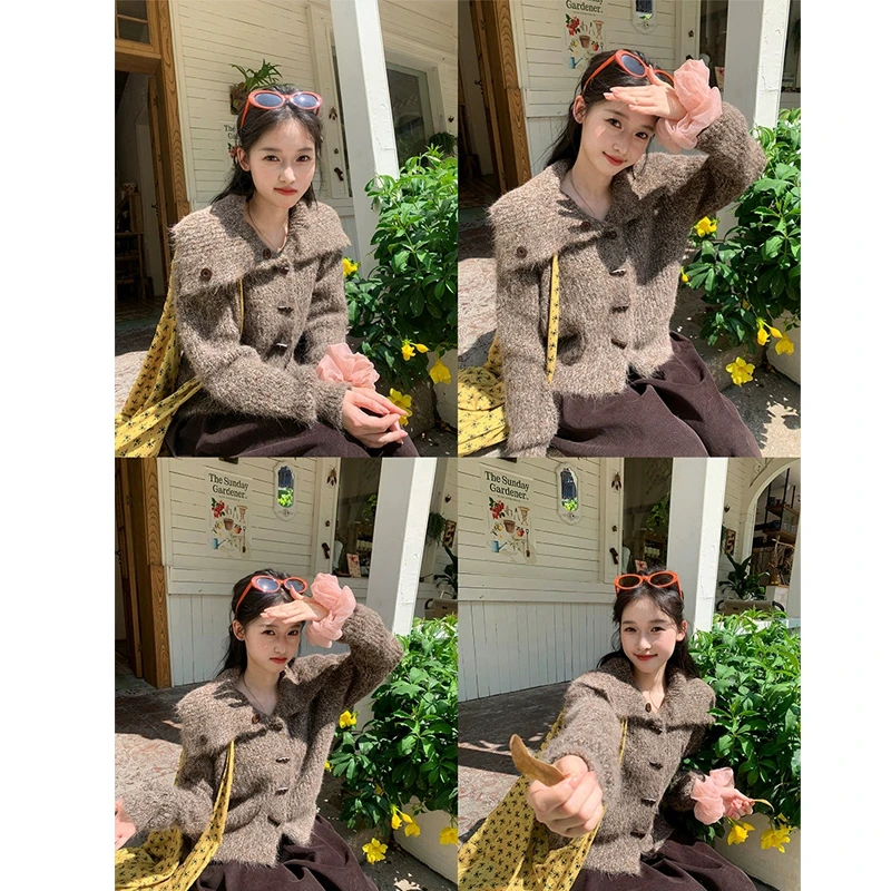 牛角扣海军领毛衣女2025韩系氛围感翻领短款针织开衫外套