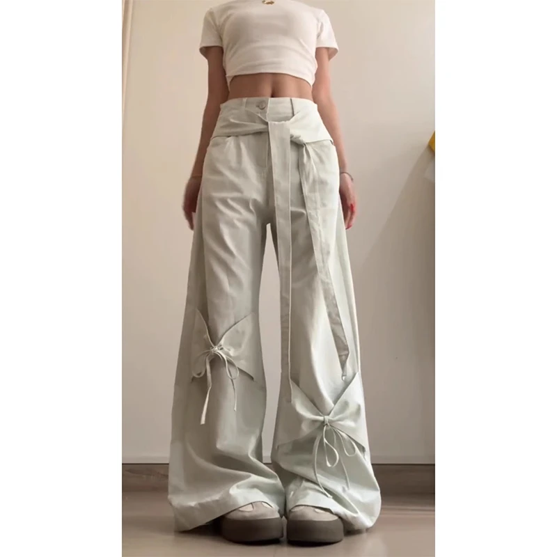 美式甜酷设计感工装裤女夏季新款蝴蝶结系带直筒裤垂感休闲长裤子