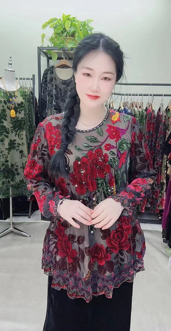 中老年桑蚕1990圆领上衣大码女装时尚