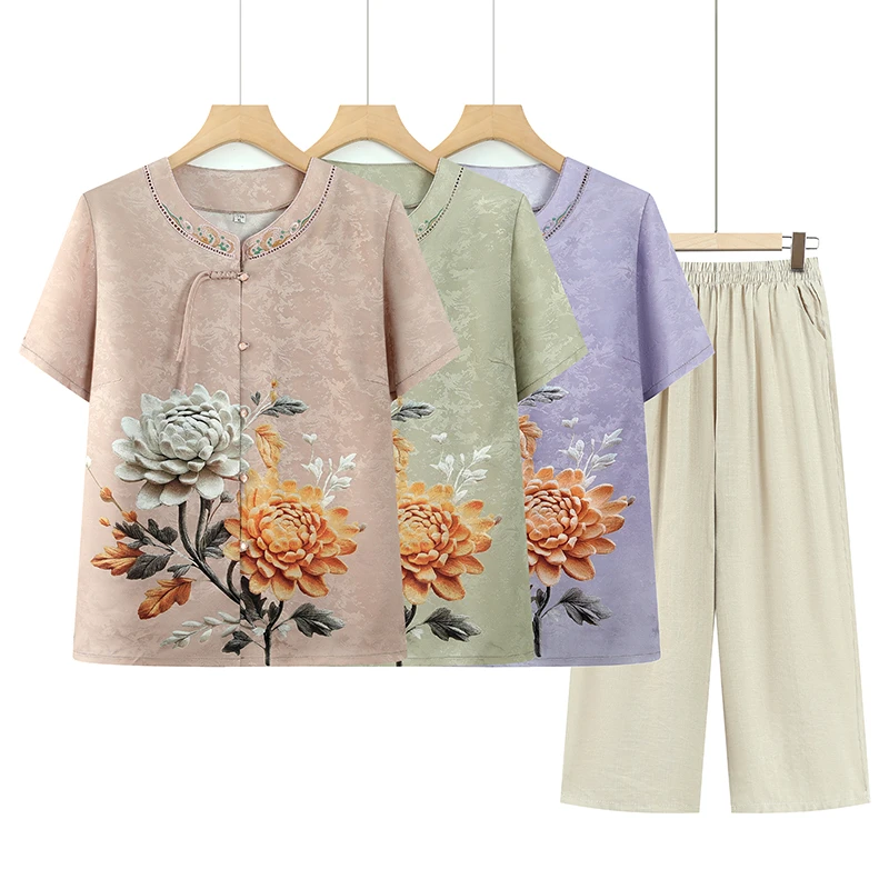 中老年人夏装女衬衫奶奶套装洋气妈妈装夏季薄款衬衣老太太衣服