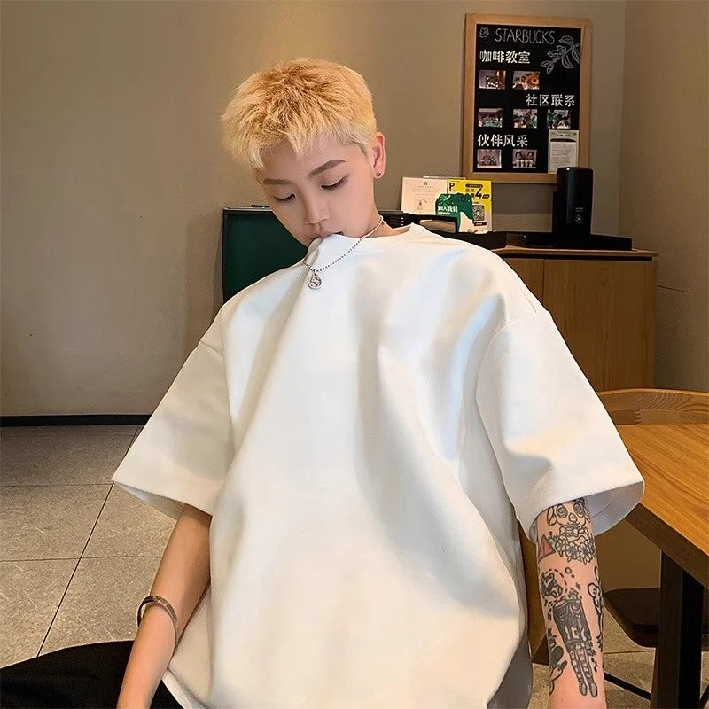 纯色正肩宽松重磅长袖t恤男纯棉百搭三本针上衣打底衫五分半袖