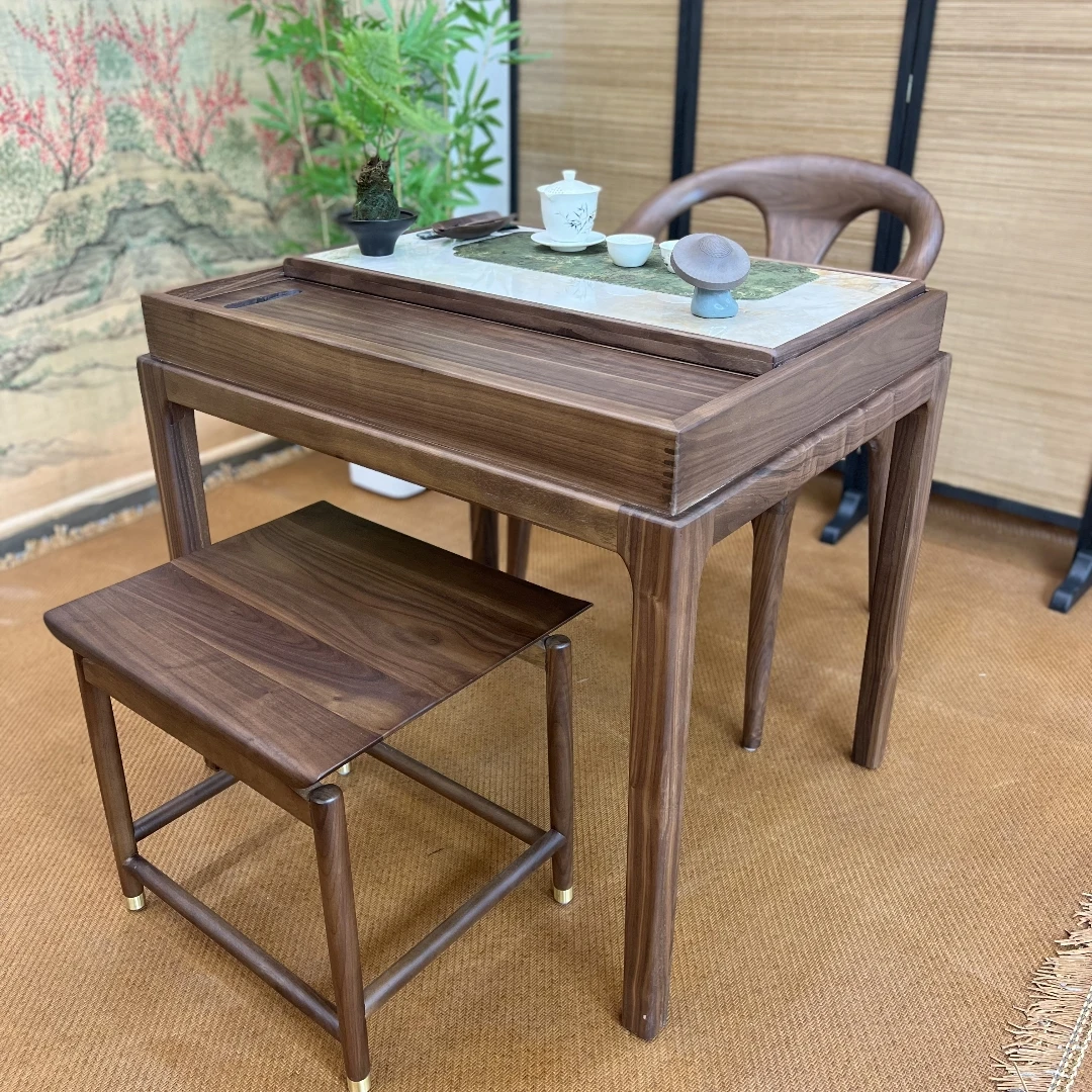 新中式宋氏美学茶桌北美黑胡桃实木小户型阳台专用泡茶桌干泡茶台