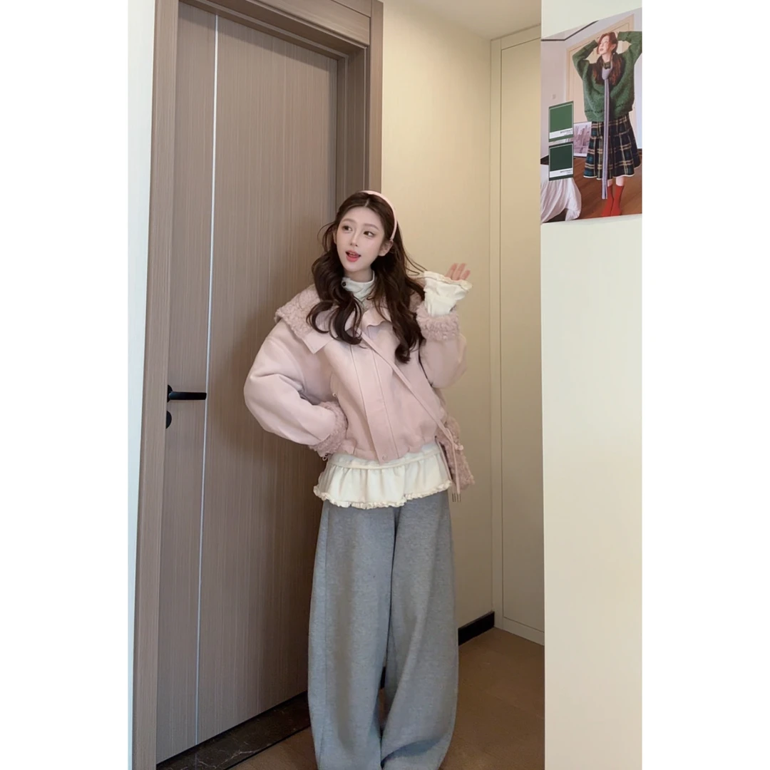 【配包包】2025冬季上新韩系复古大翻领加厚保暖皮毛一体外套