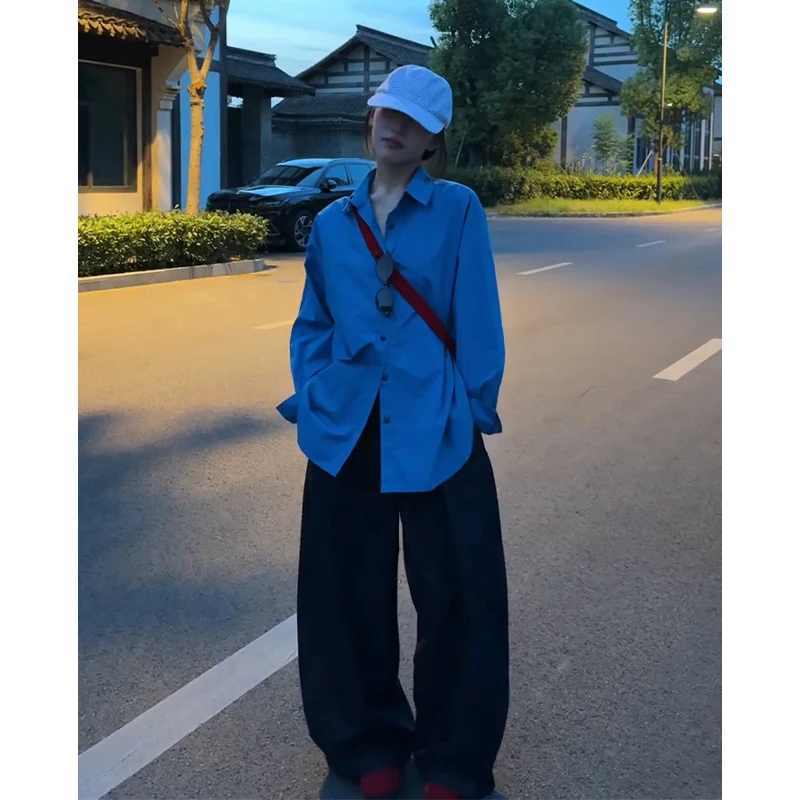 2025早秋新款韩系穿搭翻领修身长袖衬衫上衣气质高腰显瘦阔腿长裤