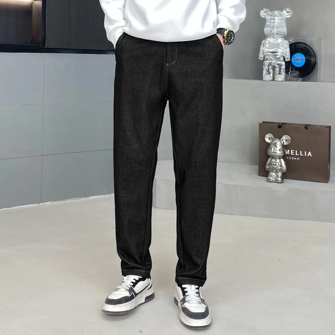 秋冬不掉色宽松男牛仔裤休闲普洗松紧腰直筒弹力长裤 1217