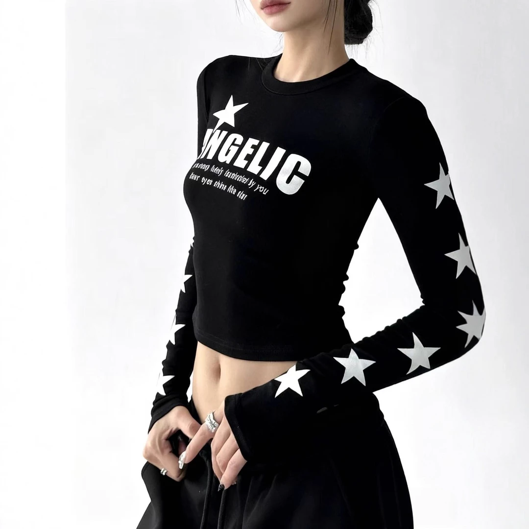 秋季新款美式字母漏脐辣妹印花长袖恤健身修身上衣短款打底高级