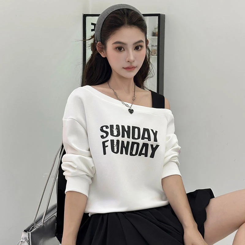 时尚宽松显瘦百搭韩版秋季新款斜肩吊带撞色字母休闲印花短袖T桖