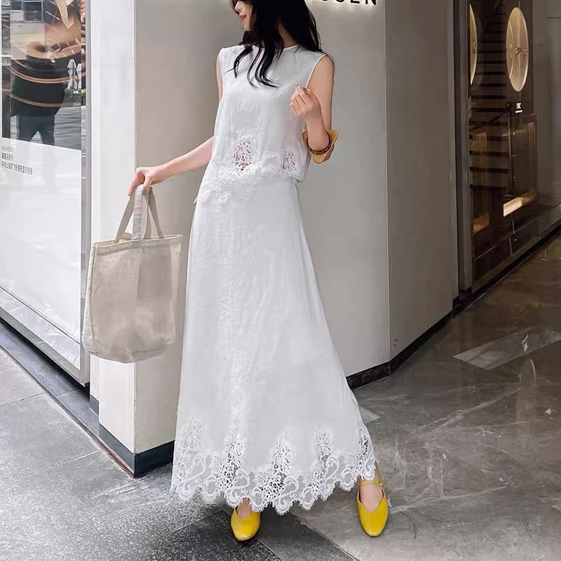 夏新款欧货刺绣宽松时尚设计感镂空蕾丝马甲半身裙两件套女装