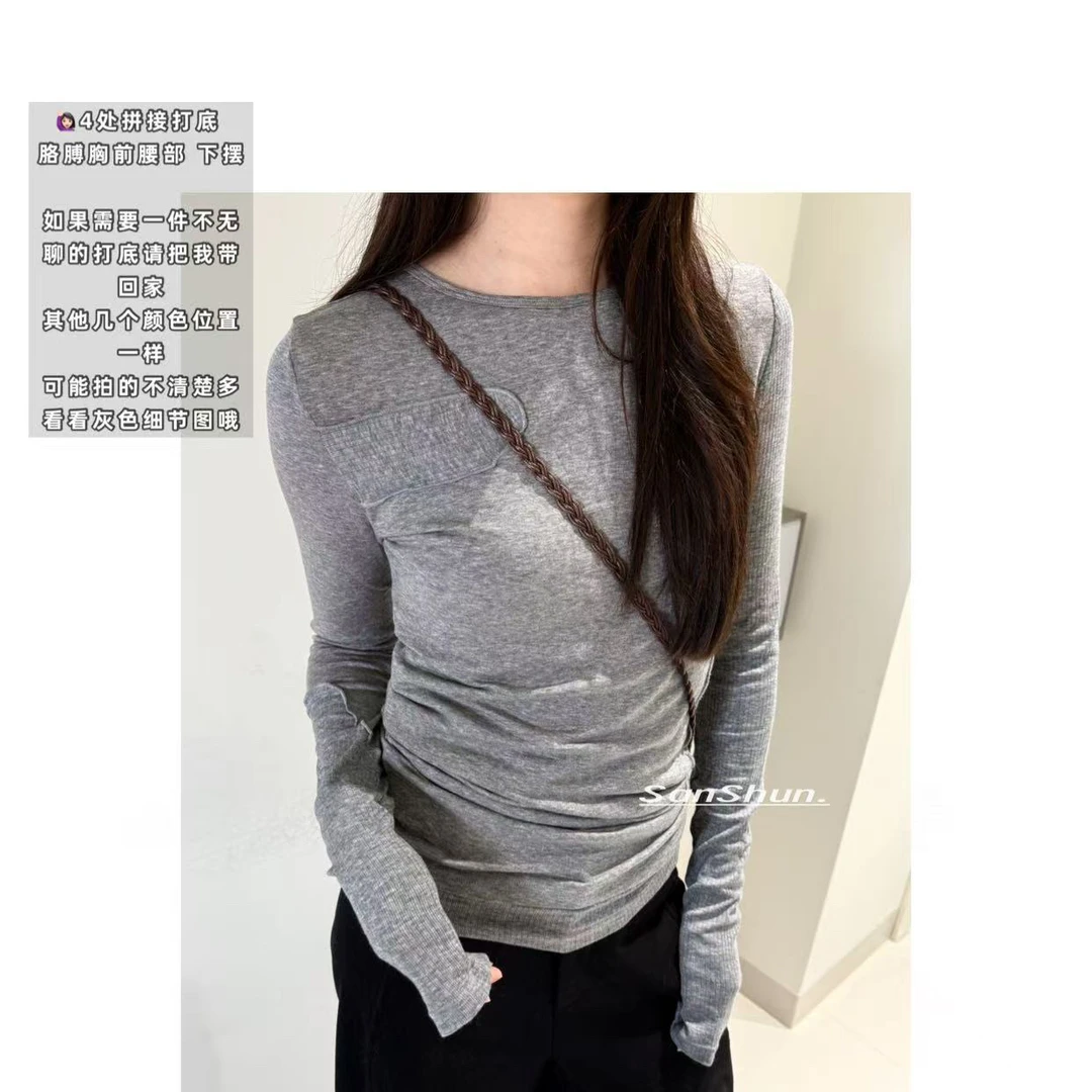 Sanshun-（小众知多少）- 新款长袖t不规则高弹力修身型简约T恤拼接