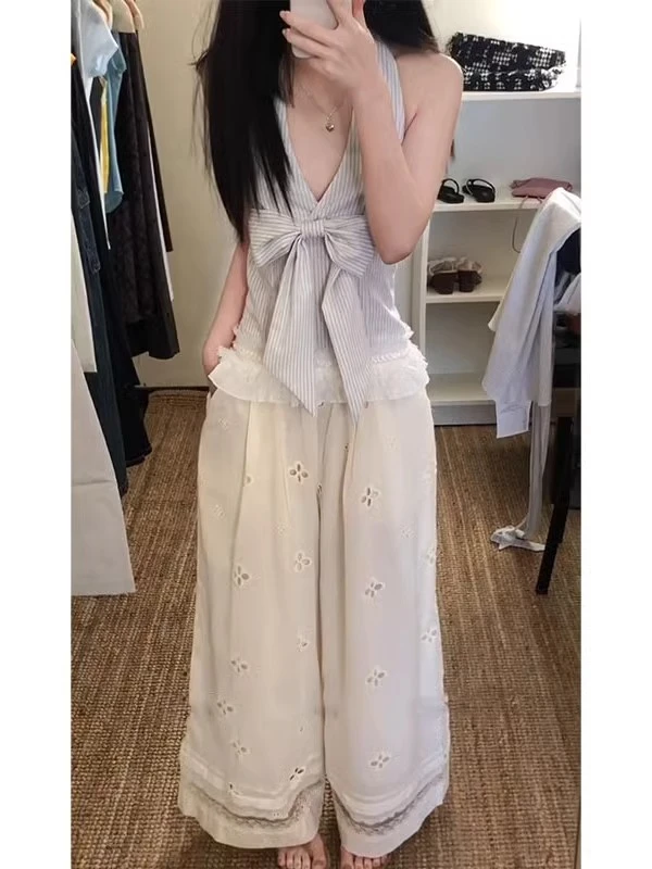 高级感小众独特时尚宽松蕾丝镂空直筒高腰白色休闲裤2025春季新款