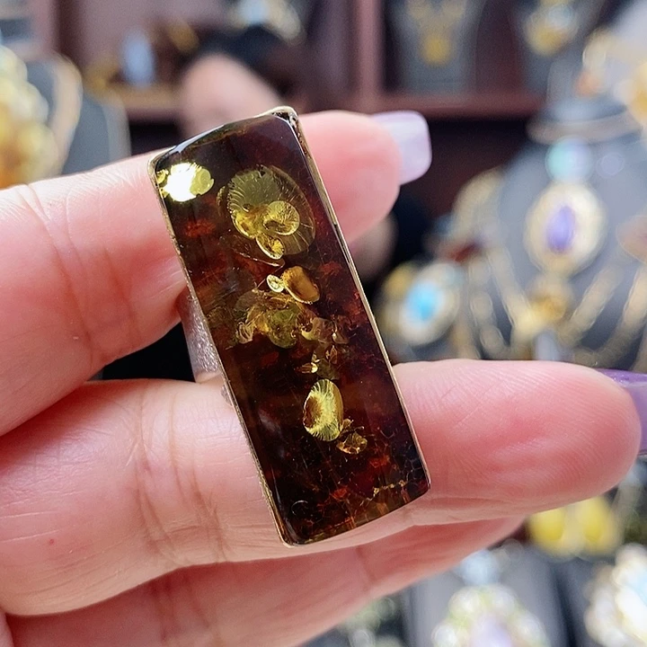 琥珀戒指银S925镶嵌戒指