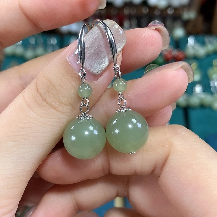 和田玉银S925镶嵌耳饰天然卡12mm左右冰晴水