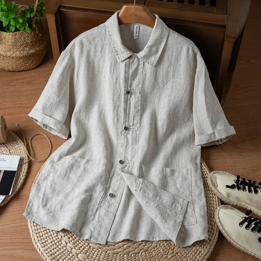 麻尚生活夏季中式亚麻短袖男宽松透气大码休闲中国风夏季薄款衬衣