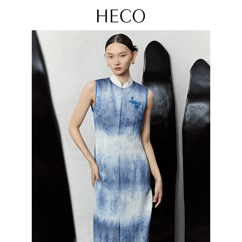 HECO【丹青】新中式国风水墨扎染抓皱烧花刺绣连衣裙无袖长裙女