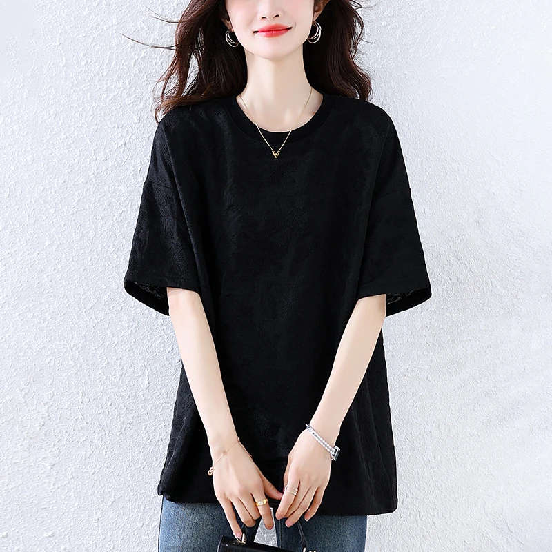 新中式黑色短袖t恤女2025夏季新款时尚减龄宽松大码显瘦体恤上衣