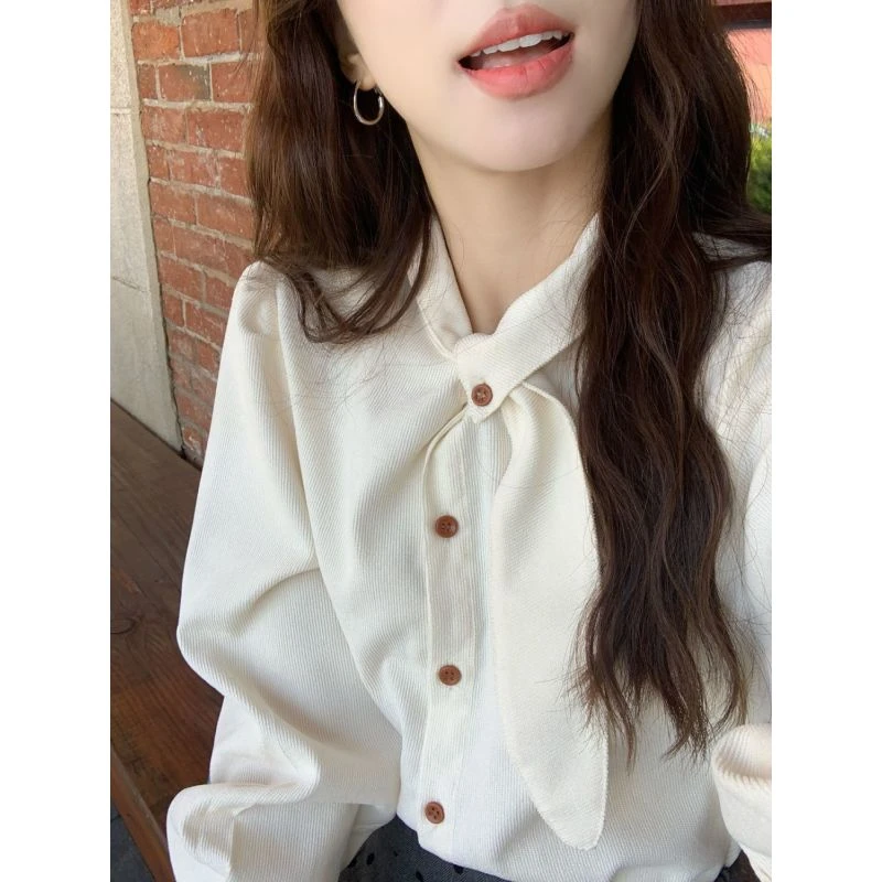 春季新款法式复古领结泡泡袖灯芯绒宽松长袖衬衫女设