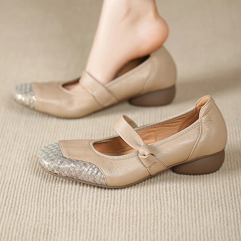 真皮拼接新款百搭小众鞋子巨软豆豆鞋中跟粗跟编织方头浅口单鞋女